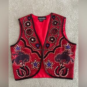 Vintage Silver Mesa Beaded Western Rodeo Vest Horseshoe, Stars, Bucking Broncos